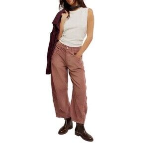 Free People Good Luck MID RISE Barrel Leg Corduroy Pants Withered Rose Size 29